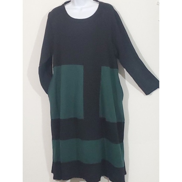 Made In Italy Large Baggy Green Black Colorblock Pockets Long Sleeve Midi Dress - Picture 2 of 9